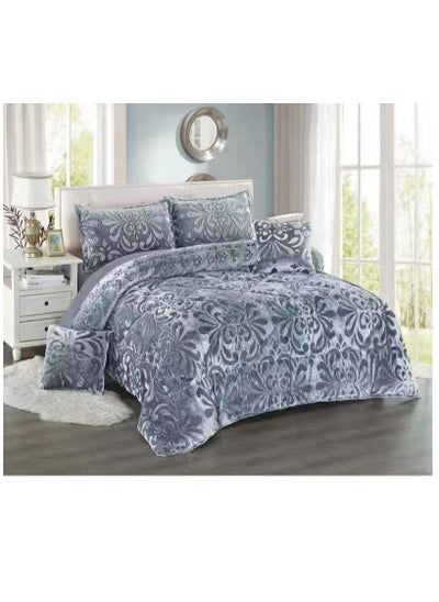 Buy 6 Pieces Set King Size Velvet , Faux Fur, Floral Pattern, Comforters Grey in UAE