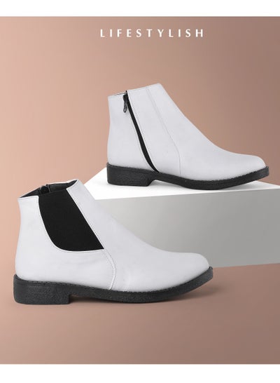 Buy Lifestylish G-47 Ankle boot flat leather Elastic and zip - White in Egypt