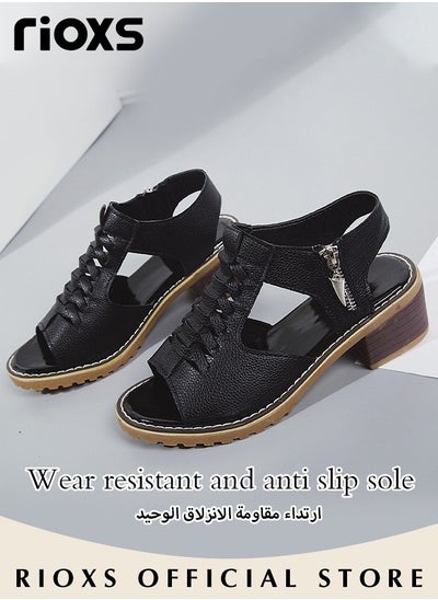 Buy Women's Fashion Leather Sandals Summer Flat Sandals Hollow Block Heel Roman Shoes With Side Zipper in Saudi Arabia