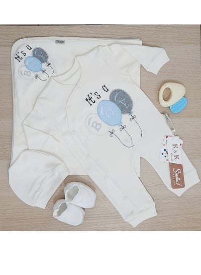 Buy Summer set for newborns in the hospital, consisting of 4 pieces in a box, model of balloons, white color for boys in Egypt
