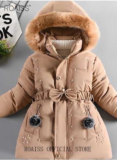 اشتري Girls Hooded Down Coat with Detachable Fur Collar Teens Kids Puffer Jacket Parka Winter Outerwear Thickened Zip Up Overcoat Cotton Padded Clothes Khaki في السعودية