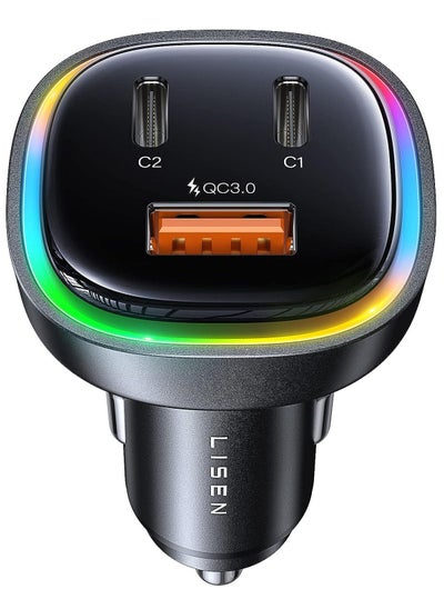 Buy Car Charger USB-C 3 Port Type-C PD+QC 66W Rapid Charging 12V/24V with RGB Light Compatible with iPhone 14/13/SE/12/11/X/8, Samsung S22/S21/S20, iPad, Android and More Devices in Egypt