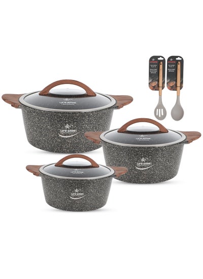 Buy Cookware Set 8 pieces - Cooking Pots set Induction Bottom , Granite Non Stick Coating, Die Cast aluminum Casserole Set include Casseroles And Silicone Utensils & Wooden Turner in UAE