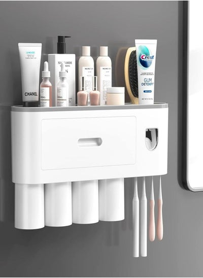 Buy Wall Mounted Multifunctional Toothbrush Holder with 4 Magnetic Cups Toothbrush Slots Toothpaste Dispenser Drawer Shelf Automatic Electric Toothpaste Squeezer for Bathroom Washroom in Saudi Arabia