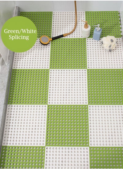 Buy 12 Pack Interlocking Non Slip Drainage Floor Tiles, 30 X 30 cm Soft PVC Bath Shower Floor Mat, Drainage Holes for Bathroom, Kitchen, Pool, Wet Areas(White/Green) in Saudi Arabia