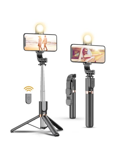 اشتري Extendable Selfie Stick Tripod with LED Fill Light, All in One Phone Tripod Integrated with Wireless Remote, Compatible with iPhone Android Devices for Selfie/Video Recording/Photo في الامارات