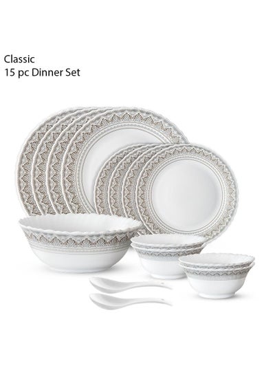 Buy 15 Piece Opalware Dinner Set | Microwave & Dishwasher Safe-Classic Dinnerware Set With 4 Piece Dinner Plates, 4 Pcs Side Plates, 1 Pcs Serving Bowls, 4 Pcs Veg Bowls, 2 Pcs Spoons | Chip & Scratch Resistant, White in Saudi Arabia