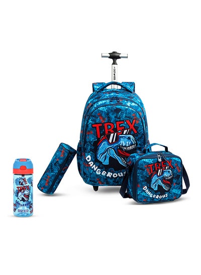 Buy 18 Inch Set Of 4 Trolley School Bag With Tritan Water Bottle 420ML, Lunch Bag And Pencil Case - TREX Dinosaur - Blue in UAE