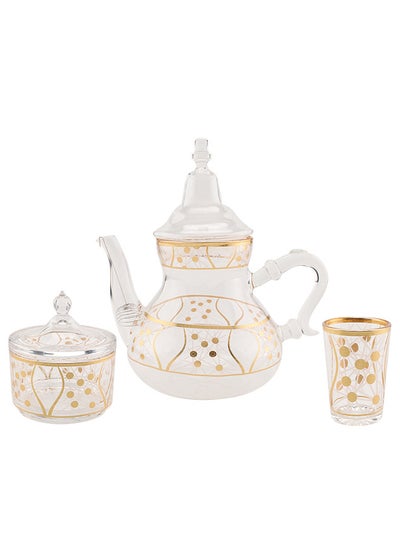 Buy 10-Piece Glass Tea Pot Set Clear/Gold, Serve for 6 in Saudi Arabia