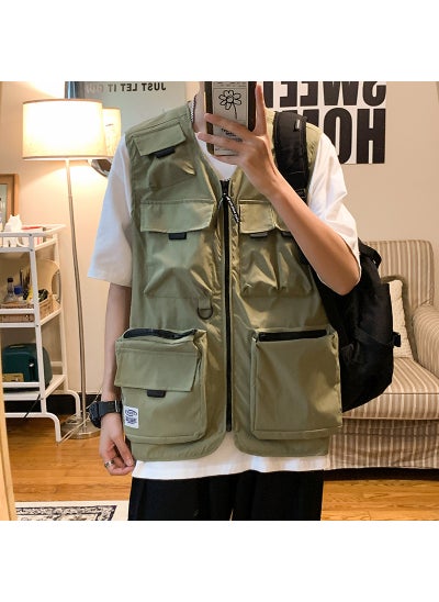 Buy Multi-Pocket Vest Mens Korean Casual Summer Sleeveless TopGreen Green in Saudi Arabia