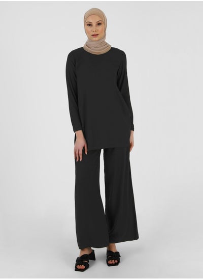 Buy Crew Neck Top & Flared High Waist Pants Set in UAE