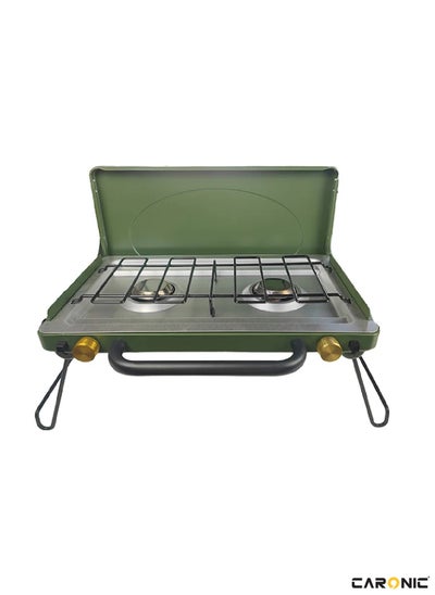 Buy Portable Camping Gas Stove Double Burner Outdoor Automatic Ignition System Enamel Pan Support Green in UAE