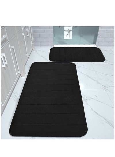 Buy 2-Piece Soft Velvet Non Slip Floor Mat Set For Kitchen And Bathroom Black in UAE