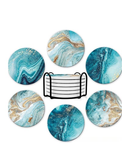 Buy 6-Piece Absorbent Coaster,Round Coasters Set With Holder,Ocean Design Drink Coasters For Tabletop Protection in UAE