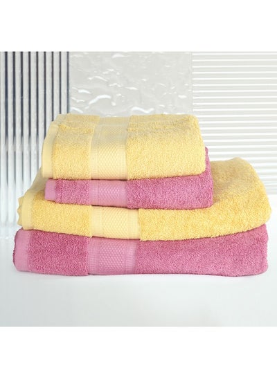 Buy 4 Piece Bathroom Towel Set NEW GENERATION 450 GSM 100% Cotton Terry 2 Bath Towel 70X140 cm & 2 Hand Towel 50x90 cm Pink & Yellow Color Soft Feel Super Absorbent in UAE