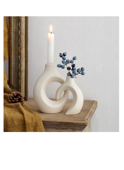 اشتري White Ceramic Candle Holder, Taper Candle Holder, Modern Candle Holder, Decorative Candle Stick, Candle Holder Decor for Table, Minimalist Candle Holders for Living Room, Lvory في الامارات