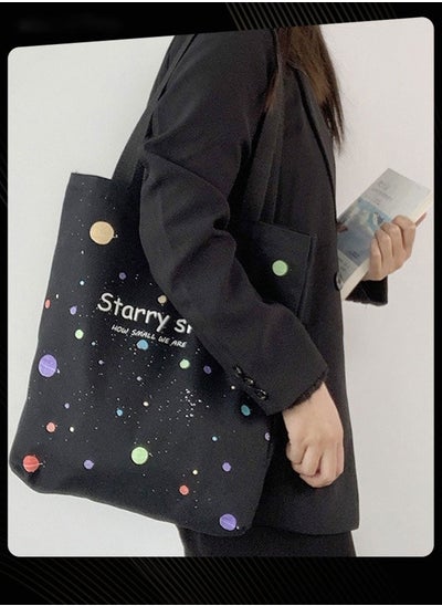 Buy Foldable Canvas Bag Graphic Printed Large Capacity School Shoulder Bag Lightweight Daily Tote Black in UAE