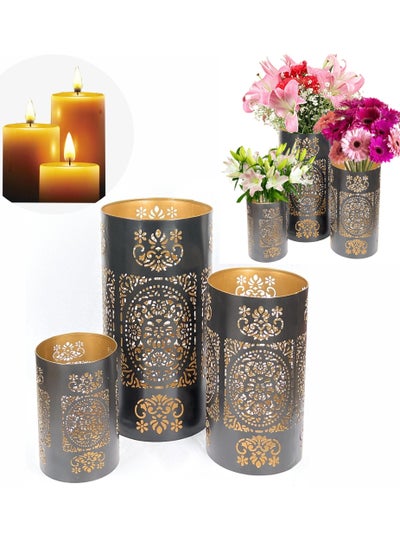 Buy Arabic Candle Holders Ramadan Lanterns - Set of 3, Indoor & Outdoor Metal Candle Holder in Golden color in UAE