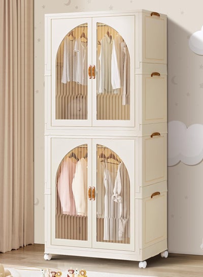 Buy Kids Wardrobe Baby Closet Storage Organizer Portable Children Clothes Cabinet Storage Rack Toddler Dresser with Hanging Rod and Wheels for Boys Girls Clothing Nursery Armoire White in UAE
