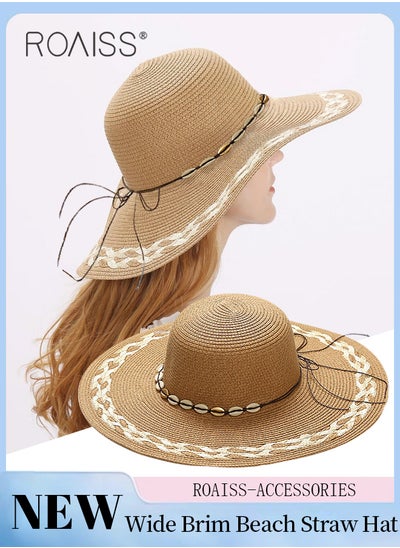 Buy Braided Trim Wide Brim Hat Shell Decor Sun Protection Vacation Fashion Straw Hat for Women Summer Beach Foldable Cap Khaki in UAE