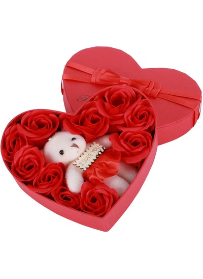 اشتري Romantic Roses Flower Gift Box with Cute Teddy Bear and Tag I Love You Heart-Shaped Artificial Rose Scented Bath Body Petal for Valentines Day Mother's Day Birthday Gift Red في الامارات