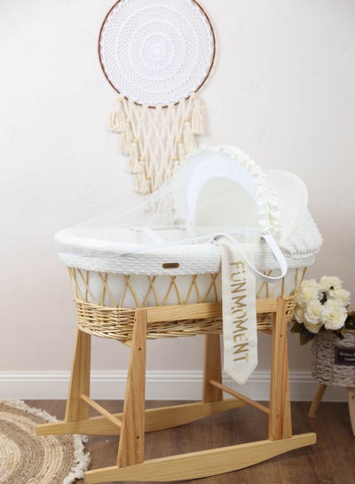 Buy moses basket off-white color with wooden rocking stand in Saudi Arabia