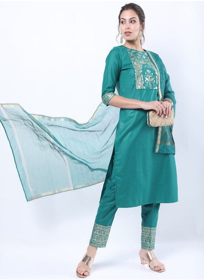 Buy Foil Print Straight Kurta and Straight Leg Pant with Dupatta Set in Saudi Arabia