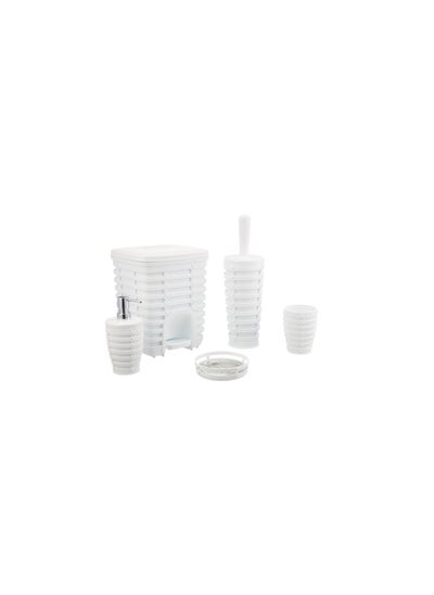 Buy Plastic 5 pieces bathroom accessory set  : 5 liter basket , liquid soap dispenser ,soap Holder , toilet cleaning brush , toothbrush holder and toothpaste holder , white in Egypt