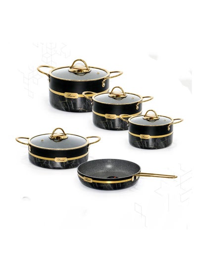 Buy Perfectly Designed Aluminum Cookware Pots and Pans Set of 9 Pieces, Black/Gold in Saudi Arabia