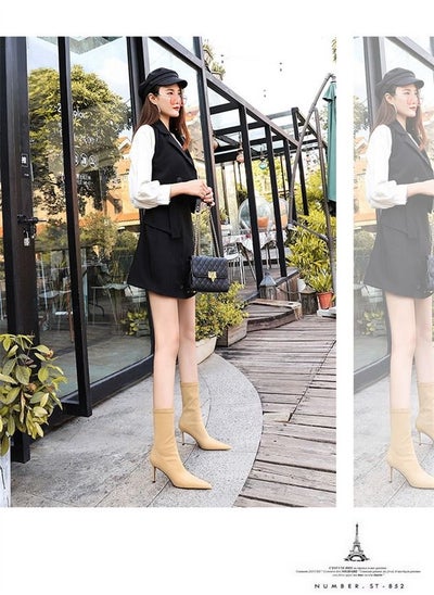 اشتري Stylish And Simple Slim Heel Pointed Boots 7.5CM Beige في الامارات