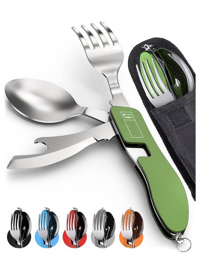 اشتري 4-in-1 Camping Utensils 2 Pack Portable Stainless Steel Spoon Fork Knife & Bottle Opener Combo Set For Travel Backpacking Cutlery Multitool Folding Knife and Fork Spoon Combination Green في السعودية