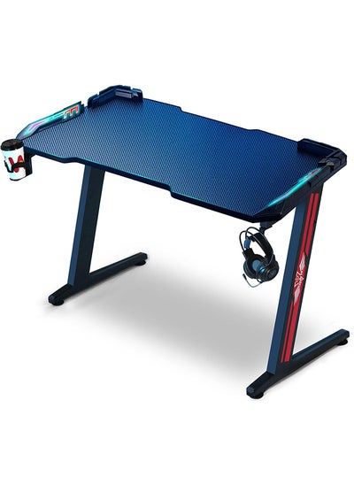 اشتري SKY-TOUCH Gaming Desk,Ergonomic Computer and Gaming Table Z Shaped for Pc, Workstation, Home, Office with LED Lights Carbon Fiber Surface,Cup Holder and Headphone Hook في الامارات