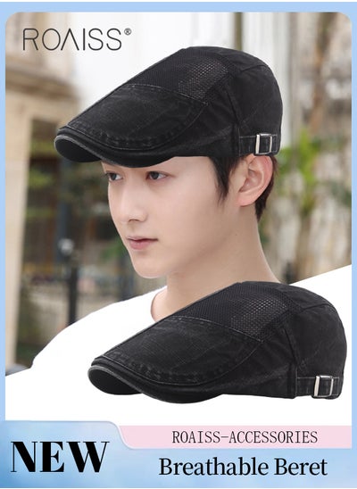 Buy Adjustable Newsboy Cap for Men Vintage Beret Flat Cap Breathable Mesh Hat Mens Summer Cotton Hat Golf Fishing Hat (Black, One Size) in UAE