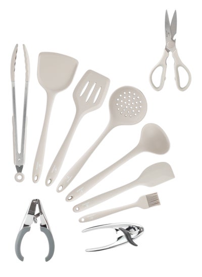 Buy Kitchen Utensils Silicone 10-Pieces Spatula Set with Scissor, Non-Stick Cookware Non-Toxic Cooking Tools Includes Tongs, Spatula, Turner, Ladle, and More (Grey) in UAE