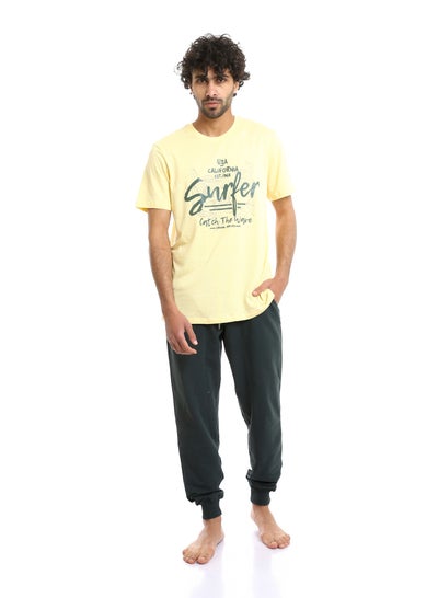 اشتري Red Cotton-  Men's summer pajamas T-shirt and pants-yellow في مصر