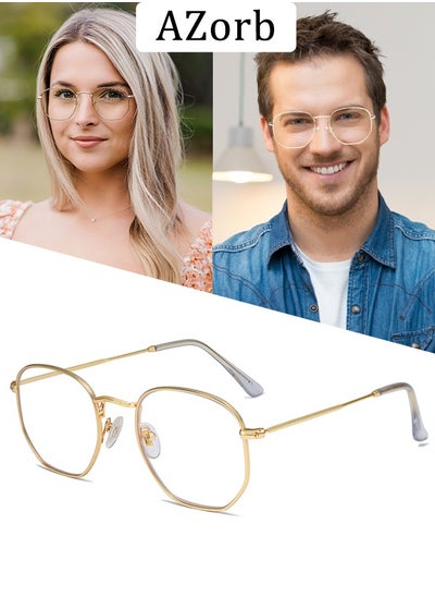 Buy Metal Blue Light Glasses for men women Square Clear Lens eyeglasses Anti blue light blocking eye glasses for Reading Gaming Computer Phone Gold in UAE