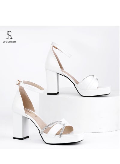 Buy Sandal Almaza Leather High Heel  H-5 - White in Egypt