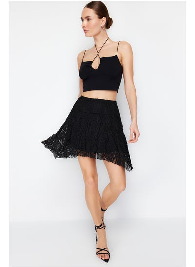 Buy Black Asymmetric High Waist Lace Mini Knitted Skirt TWOSS24ET00087 in Egypt