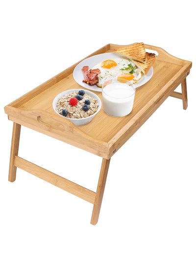 Buy Bamboo Wood Bed Tray with Handles: Folding Legs, Serving Tray for Coffee, Food, Breakfast, and Dinner in UAE