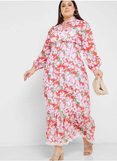 Buy Printed Tie Neck Fit & Flare Dress in Saudi Arabia