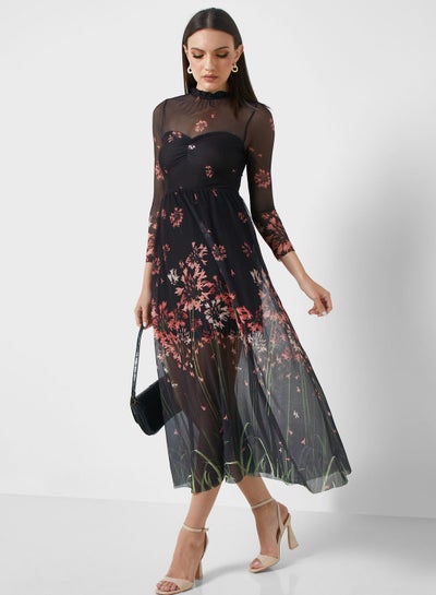 Buy Printed Mesh Detail Dress in UAE