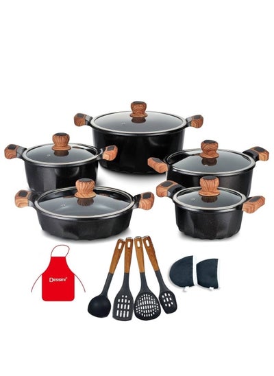 Buy 17-Pieces Granite Coated Cookware Set Includes 20,24,28 & 32cm Casserole with Lid, 32cm Shallow Casserole with Lid and 7 Pieces Cooking Tools in UAE