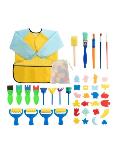 Buy Mumoo Bear Kids Early Learning Sponge Painting Brushes Kit, 42 Pieces Sponge Drawing Shapes Paint Craft Brushes For Toddlers Assorted Pattern, Including Children Waterproof Art Painting Smock Apron in UAE