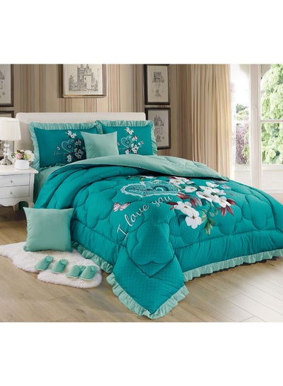 Buy Bed In A Bag Medium Filling King Size Comforter Set, 10 Pcs Floral Bedding Set Size 220 X 240 Cm with Comforter, Quilted Bed Skirt, Pillowcases, Cushion & Bedroom Slippers, Multicolor in Saudi Arabia