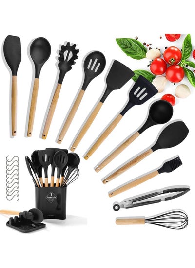 Buy Kitchen Utensils Set,14pcs Silicone Cooking Utensils Set Tool Gadgets with Holder Wooden Handles, Spoons Spatulas Turner Tongs Whisk for Non-stick Pans Heat Resistan Cookware (Black) in UAE