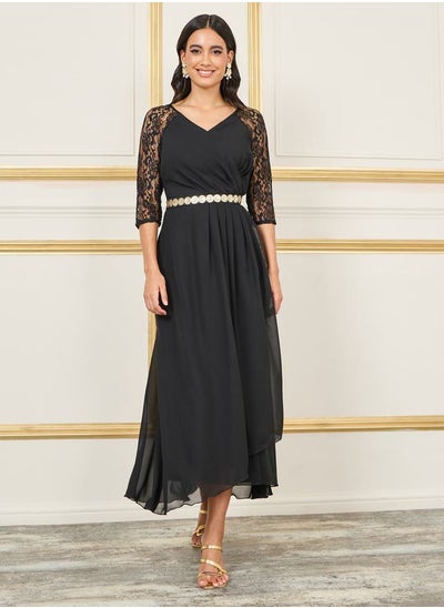 اشتري Sequin Detail Waist Lace Sleeves  Pleated A-Line Maxi Dress في السعودية