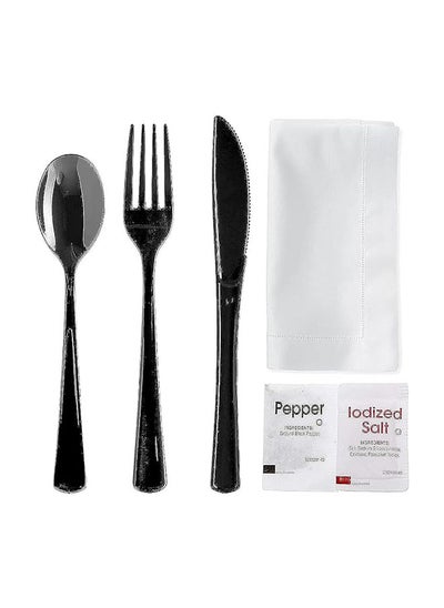 Buy Heavy Duty Plastic Cutlery Set | Fork Knives Spoons Salt Pepper Napkins Condiment Packet | Individually Wrapped Suitable For Birthday Parties Picnics Camping (Black 100) in Egypt