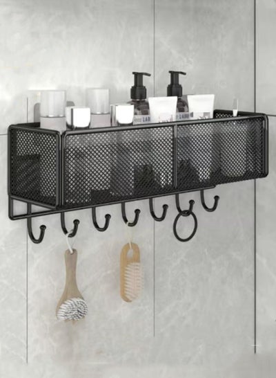 Buy 1-Piece Bathroom Rack Shower Shampoo Organizer Wall Mounted Storage Rack and Hooks Black 40x14x13 Centimeter in UAE
