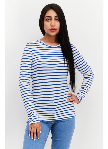 اشتري Women Crew Neck Long Sleeve Stripe Blouse, White/Blue في الامارات