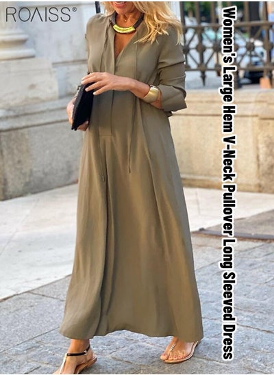 اشتري Women's Loose Casual Dress Solid Color Lapel Long Sleeve Design Classic V Neck Ankle Length Shirt Dress في الامارات